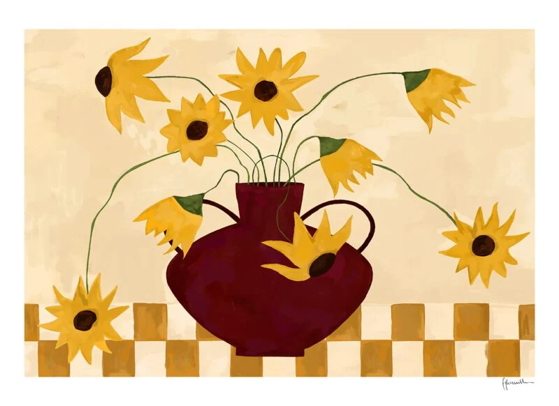 'Sunflowers in Burgundy Vase' Art Print